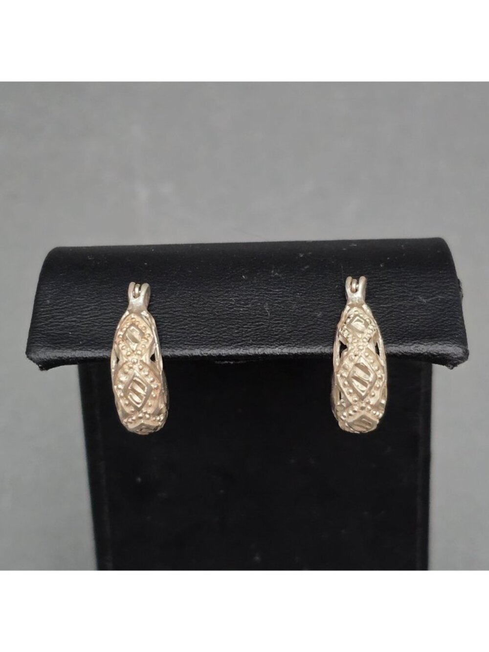 Vintage Sterling Silver Filigree Hoop Earrings Basket Lattice Beaded Cutout Hoop - Picture 8 of 14